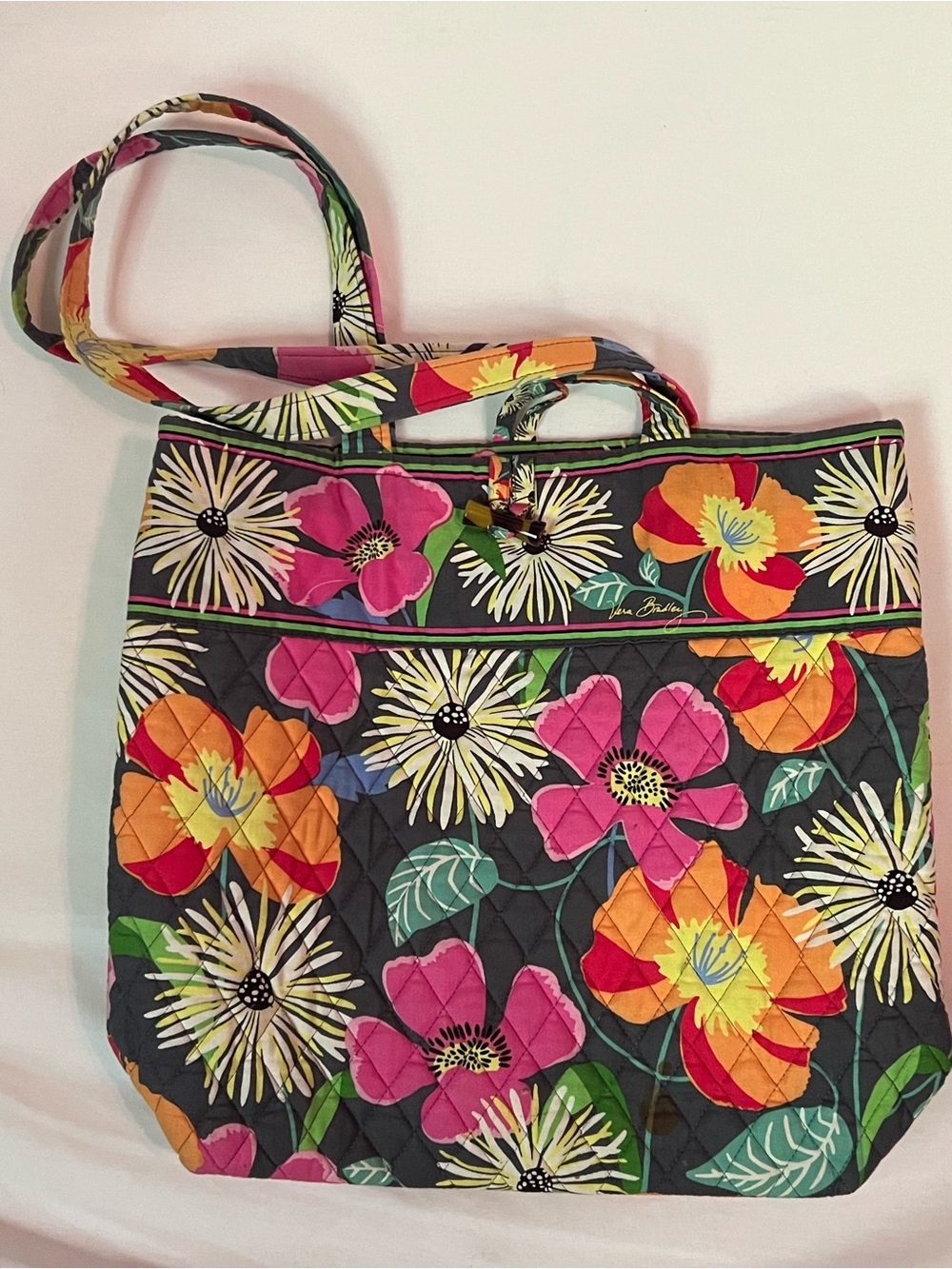 P10- Bradley Quilted Floral Tote in grey with Pink, Orange, Yellow and Green